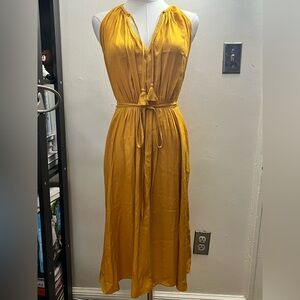 LOFT Mustard Yellow Tassel-Waist Midi Dress Size M
